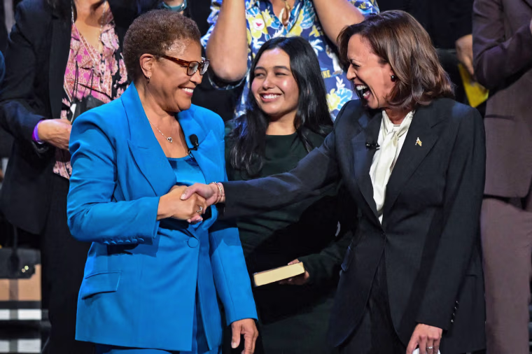 Vice President Kamala Harris congratulates Karen Bass after she was sworn in as the Mayor of Los Angeles on Dec. 11, 2022.