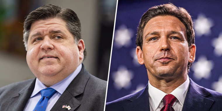 Illinois Gov. J.B. Pritzker. Florida Gov. Ron DeSantis.