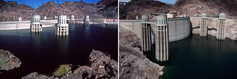 Water intake towers at the Hoover Dam in Las Vegas, on June 6, 1979, left, and on Aug. 19, 2022. 