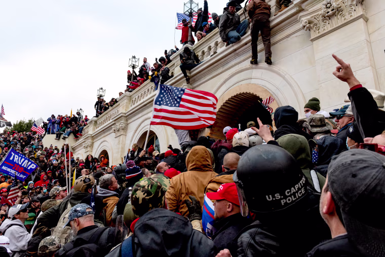 Demonstrators attempt to enter the U.S. Capitol building during a protest on Jan. 6, 2021.