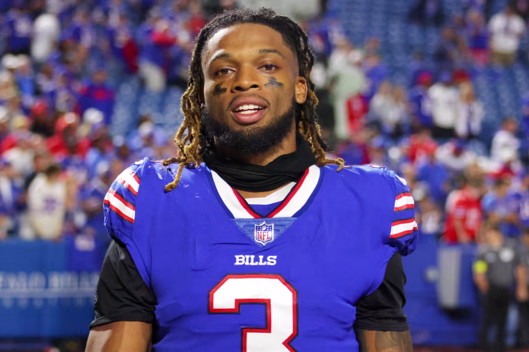 ORCHARD PARK, NY - SEPTEMBER 19: Damar Hamlin #3 of the Buffalo Bills after a game against the Tennessee Titans at Highmark Stadium on September 19, 2022 in Orchard Park, New York.