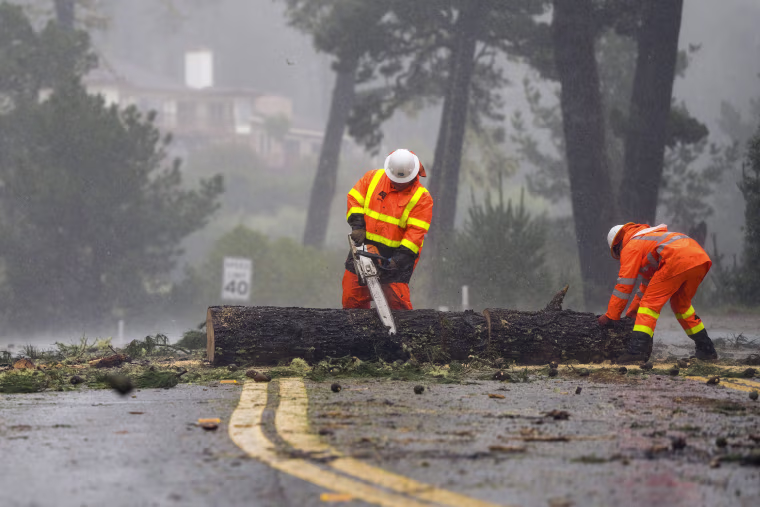 CalTrans workers clear a downed tree blocking traffic in both lanes of state Highway 68 in Monterey, Calif., on Dec. 31, 2022. 