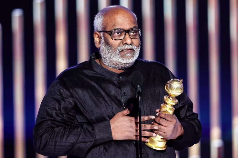 M.M. Keeravani accepts the Best Original Song award for "Naatu Naatu" from "RRR" onstage during the 80th Annual Golden Globe Awards at The Beverly Hilton on Jan. 10, 2023 in Beverly Hills, Calif.