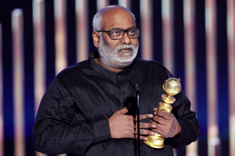 M.M. Keeravani accepts the Best Original Song award during the Golden Globe Awards