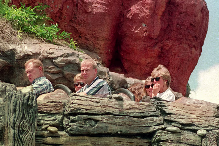 Princess Diana riding Splash Mountain at Disney's Magic Kingdom in 1993.