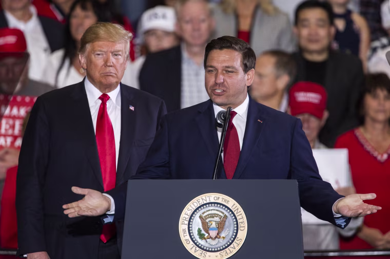 Ron DeSantis and Donald Trump at a campaign rally in Pensacola, Fla.