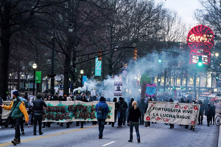 Demonstrators protest the death of environmental activist Tortuguita on Jan. 21, 2023, in Atlanta.