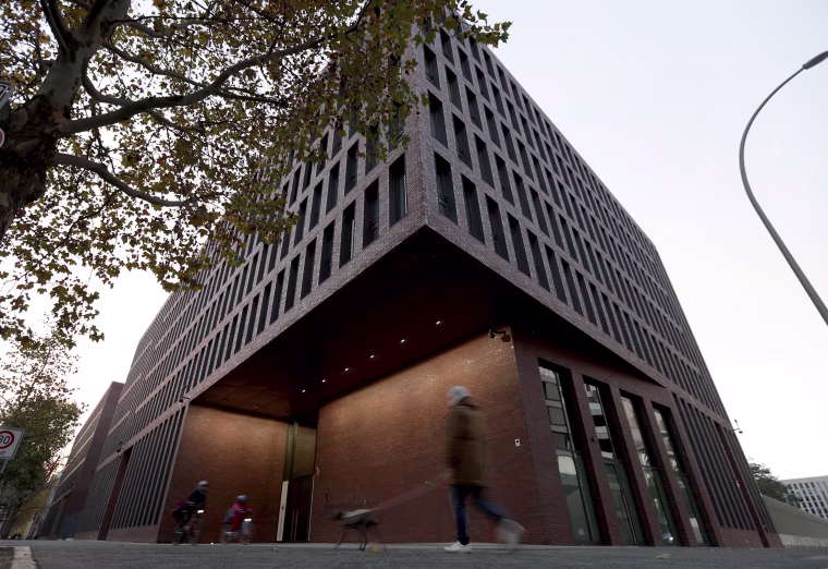 People walk past the center for advanced education at the Federal Intelligence Service in Berlin
