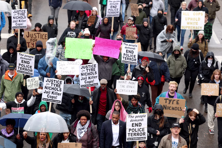 Demonstrators protest the death of Tyre Nichols on January 28, 2023 in Memphis, Tennessee. The release of a video depicting the fatal beating of Nichols, a 29-year-old Black man, sparked protests in cities throughout the country. Nichols was violently beaten for three minutes and killed by Memphis police officers earlier this month after a traffic stop. Five Black Memphis Police officers have been fired after an internal investigation found them to be â€œdirectly responsibleâ€ for the beating and have been charged with â€œsecond-degree murder, aggravated assault, two charges of aggravated kidnapping, two charges of official misconduct and one charge of official oppression.â€ 