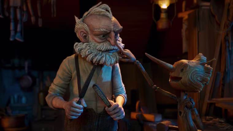 Gepetto (voiced by David Bradley) and Pinocchio (Gregory Mann) in "Guillermo del Toro's Pinocchio."