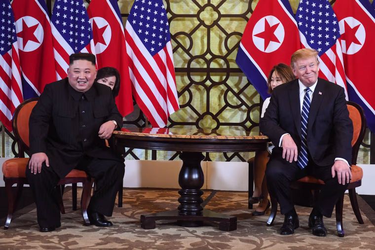 Donald Trump and Kim Jong Un during a meeting at the second US-North Korea summit at the Sofitel Legend Metropole hotel in Hanoi on Feb. 28, 2019.