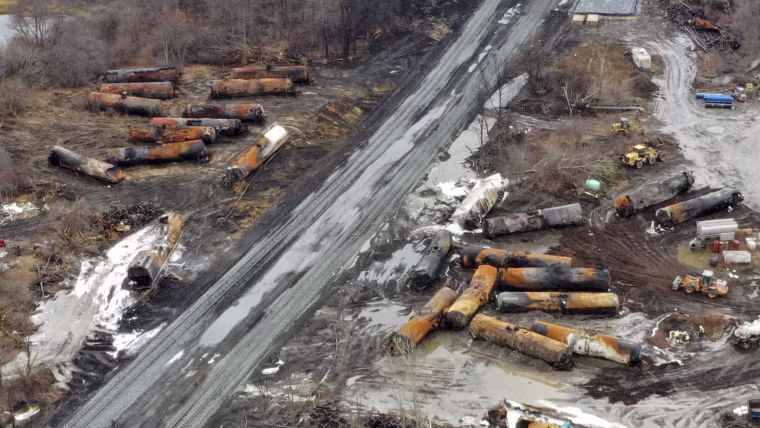 The continuing cleanup on Feb. 9, of portions of a Norfolk Southern freight train that derailed in East Palestine, Ohio.