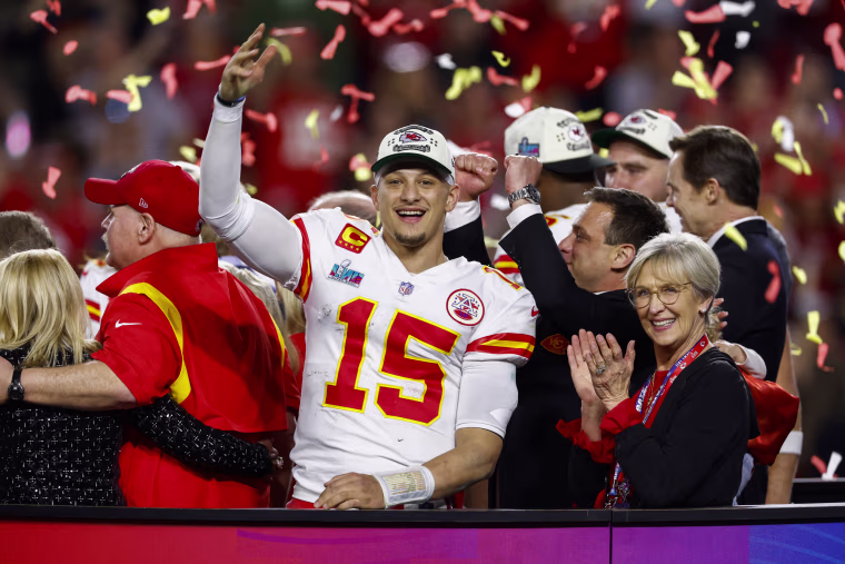 Kansas City Chiefs quarterback Patrick Mahomes celebrates after winning Super Bowl LVII against the Philadelphia Eagles at State Farm Stadium on Feb. 12, 2023 in Glendale, Ariz.