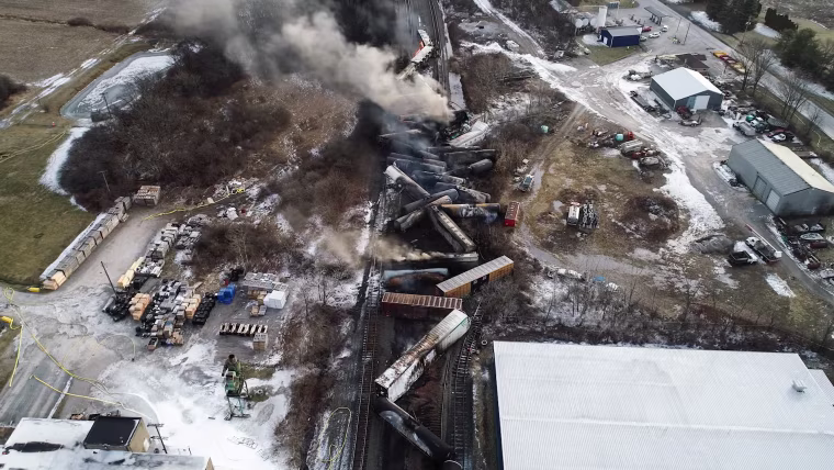The derailed train in East Palestine, Ohio.