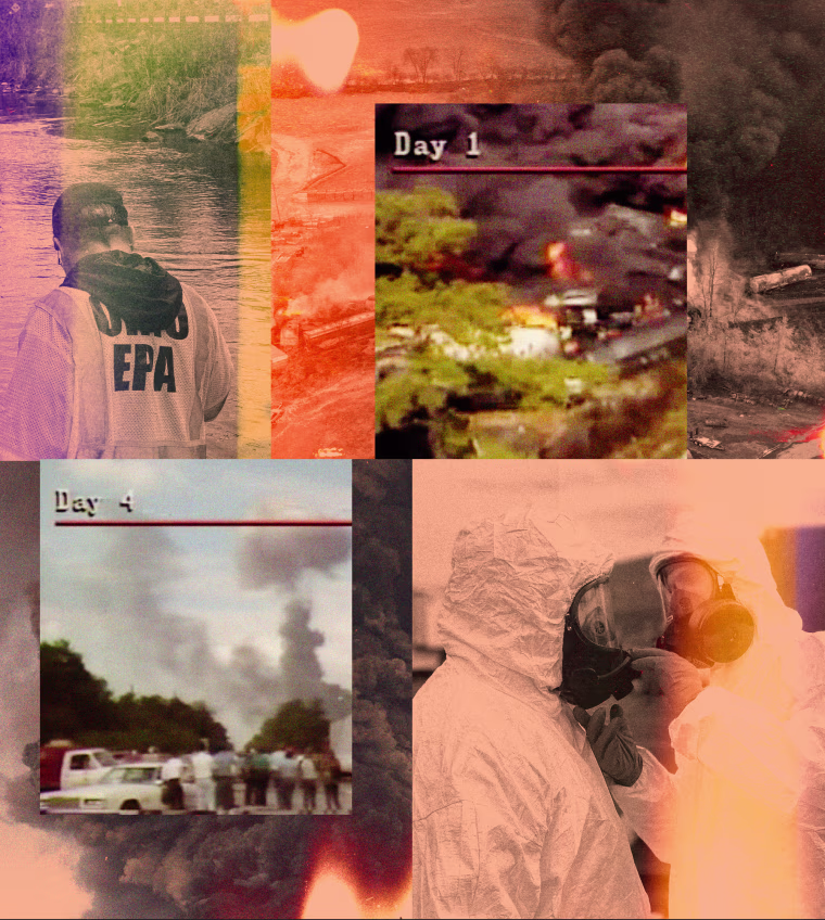 Photo illustration of the clean up and destruction of the Ohio train derailment in 2023; and the aftermath of a train derailment in Livington, La., in 1982.
