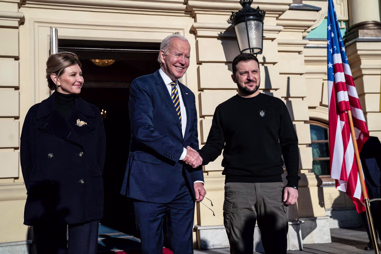 Image: President Joe Biden meets with Ukrainian President Volodymyr Zelensky and his wife Olena Zelenska at Mariinsky Palace during an unannounced visit in Kyiv on Feb. 20, 2023.