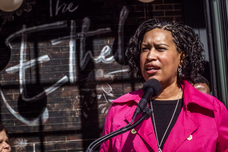 Mayor Muriel Bowser makes remarks as she and other dignitaries celebrate the opening of The Ethel, a permanent supportive housing apartment building, in Washington, DC, on Feb. 13, 2023.