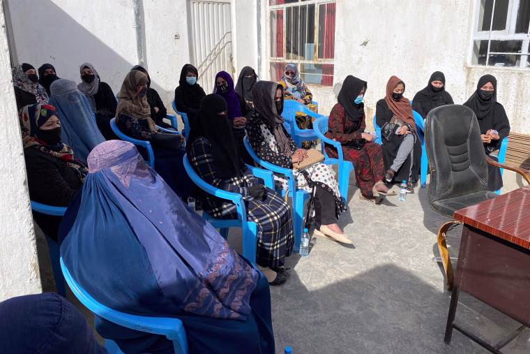 Afghan women gather to protest for their right to education, at a house in Mazar-i-Sharif