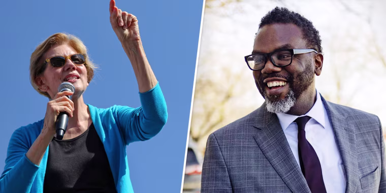 Sen. Elizabeth Warren, D-Mass., and Chicago mayoral candidate Mayoral candidate Brandon Johnson.