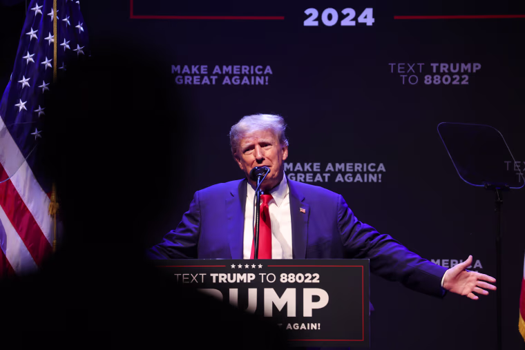 Former President Donald Trump speaks at the Adler Theatre on March 13, 2023 in Davenport, Iowa. Trump's visit follows those by potential challengers for the GOP presidential nomination, Florida Gov. Ron DeSantis and former U.N. Ambassador Nikki Haley, who hosted events in the state last week.