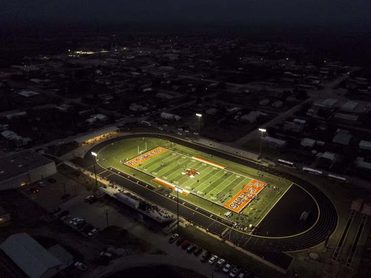 The lights of Robert Lee ISD’s track field can be seen right in the heart of Robert Lee, Texas on March 9, 2023.