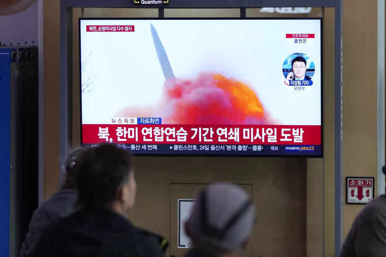 North Korea launched multiple cruise missiles toward the sea on Wednesday, South Korea's military said, three days after the North carried out what it called a simulated nuclear attack on South Korea. The letters read "North, launched multiple cruise missiles." (AP Photo/Lee Jin-man)