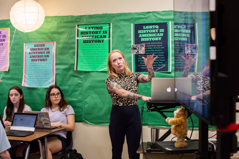 An ethnic studies teacher gives a presentation during a class in Austin, Texas