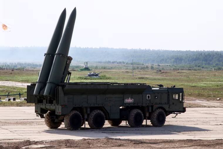 A Russian Iskander-E missile launcher on display during the International Military Technical Forum in Moscow on Aug. 17, 2022.