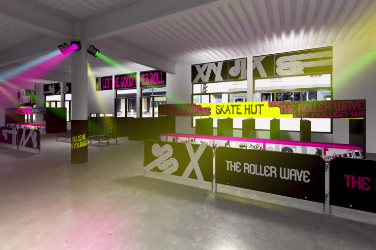 A rendering of the interior of Roller Wave House BK, which features lockers, skate rentals, and plenty of space to skate.
