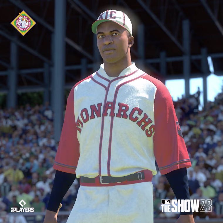 Image: A digital rendering of Jackie Robinson as a member of the Kansas City Monarchs from the game MLB The Show 23. 
