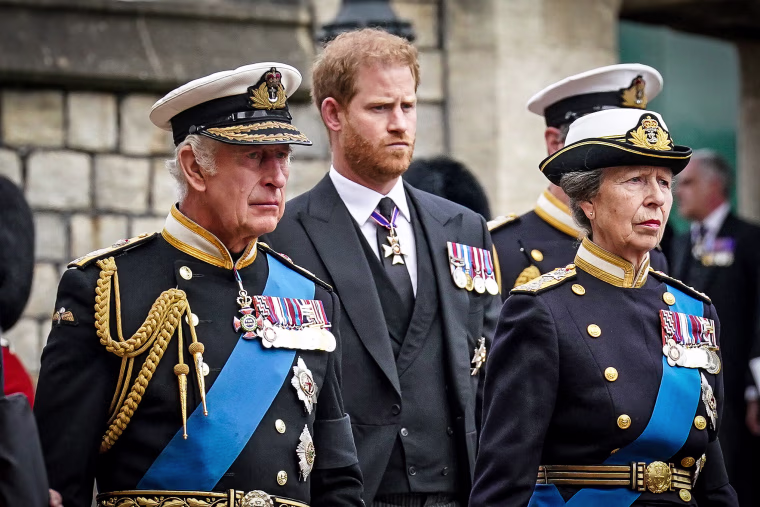King Charles III, Prince Harry, Duke of Sussex and Princess Anne, Princess Royal at Windsor Castle on Sept. 19, 2022 in Windsor, England.