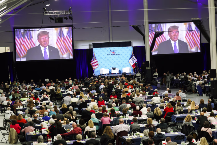 Former President Donald Trump at the Iowa Faith & Freedom Coalition Spring Kick-Off on April 22, 2023, in Clive, Iowa.