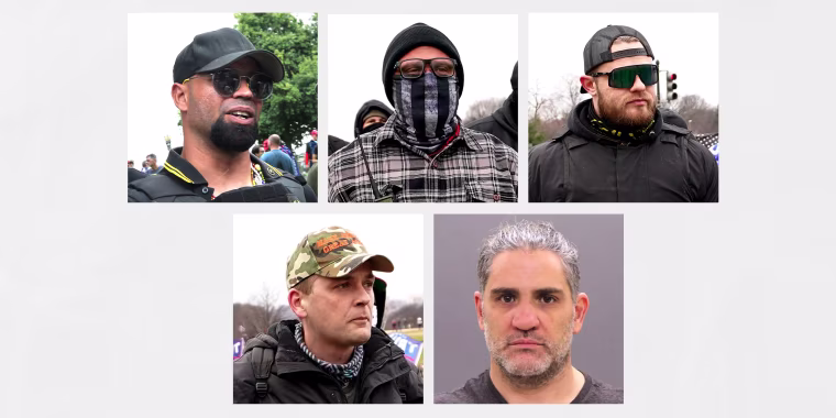 5 square images of proud boys Enrique Tarrio, Joseph Biggs, Ethan Nordean, Zachary Rehl, and Dominic Pezzola