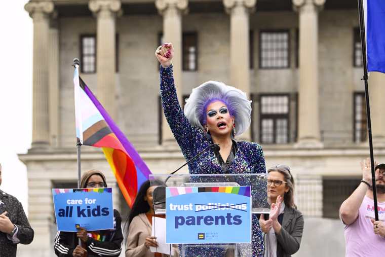 Drag artist Vidalia Anne Gentry speaks during a news conference in Nashville, Tenn.