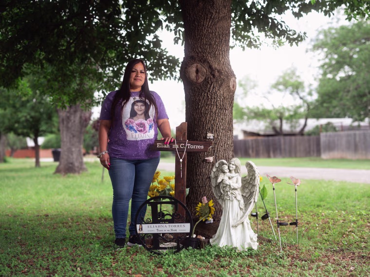 Sandra Torres, who’s daughter Eliahna Torres was killed in the Massacre at Robb Elementary School, poses for a portrait next a memorial for her daughter on April 26, 2023 in Uvalde, Texas.