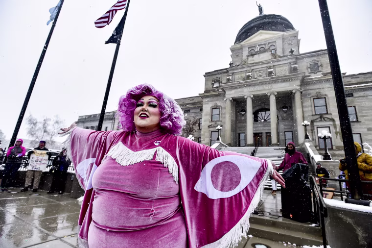 A drag show held in protest of a slate of bills targeted against the transgender community in Helena, Mont., on April 13, 2023.
