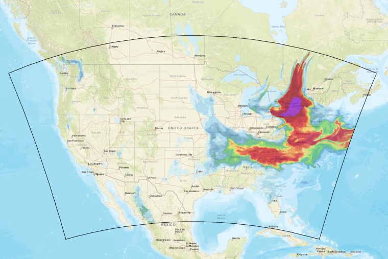 A screenshot of a radar-based analysis by the National Oceanic and Atmospheric Administration taken on Tuesday late afternoon ET shows near-surface smoke over the U.S.