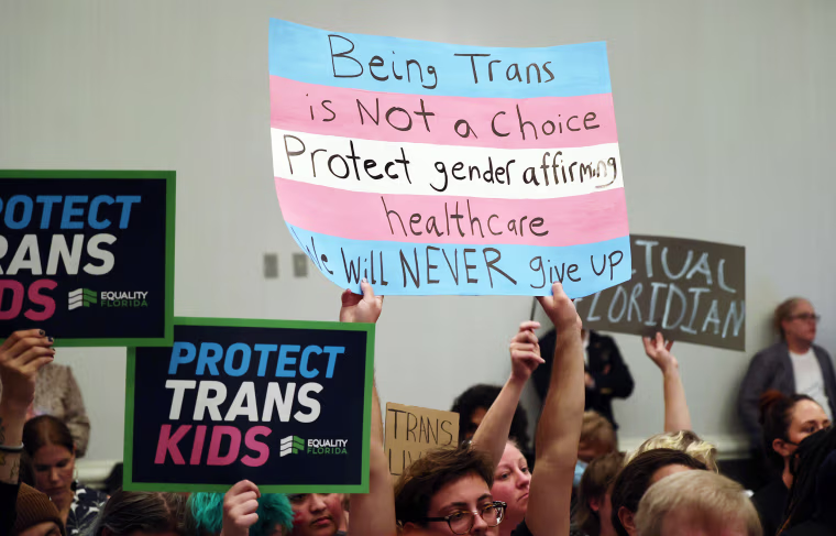 Protesters hold signs in support of transgender youth and trans access to healthcare.