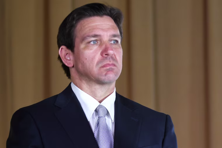 WILDWOOD, FLORIDA, UNITED STATES - JUNE 6: Republican presidential candidate Florida Gov. Ron DeSantis listens to a speaker during a press conference during which he signed a bill to protect the digital rights of Floridians, on June 6, 2023 in Wildwood, Florida. Paul Hennessy/Anadolu Agency via Getty Images)
