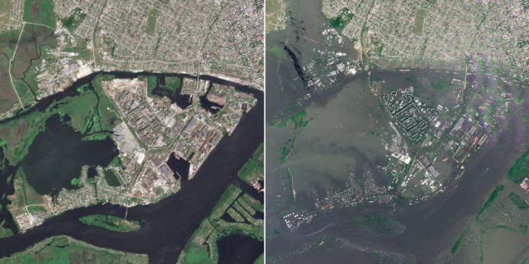 The southern Ukrainian city of Kherson pictured Monday, left, and the aftermath of the dam breach Wednesday, right.