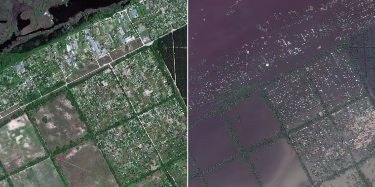 Fields and settlements in the town of Krinky on May 15, left, and Wednesday, right.