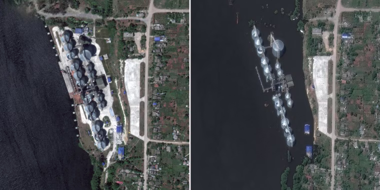 A granary close to the burst dam in Nova Kakhovka on Monday, left, and Wednesday, right.