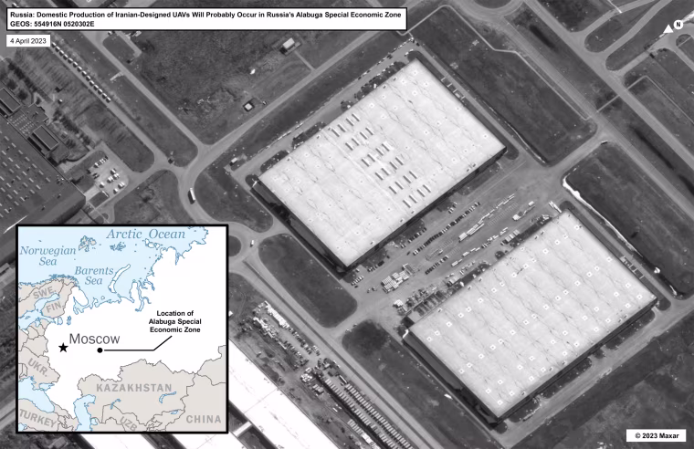 A satellite photo and graphic showing where U.S. intel indicates Moscow and Tehran are planning to build a drone production facility in Russia’s Alabuga Special Economic Zone.