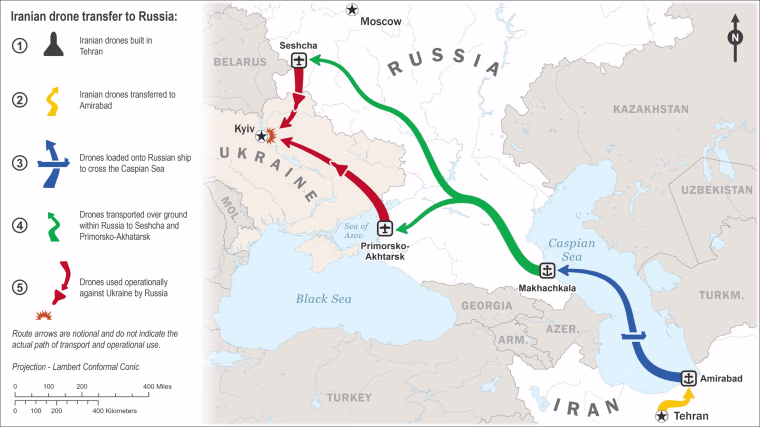 A graphic made by the White House illustrates the route the Iranian-made drones travel, as they are shipped across the Caspian Sea, from Amirabad, Iran, to Makhachkala, Russia. They are then used operationally to attack Ukraine from Russian military bases.