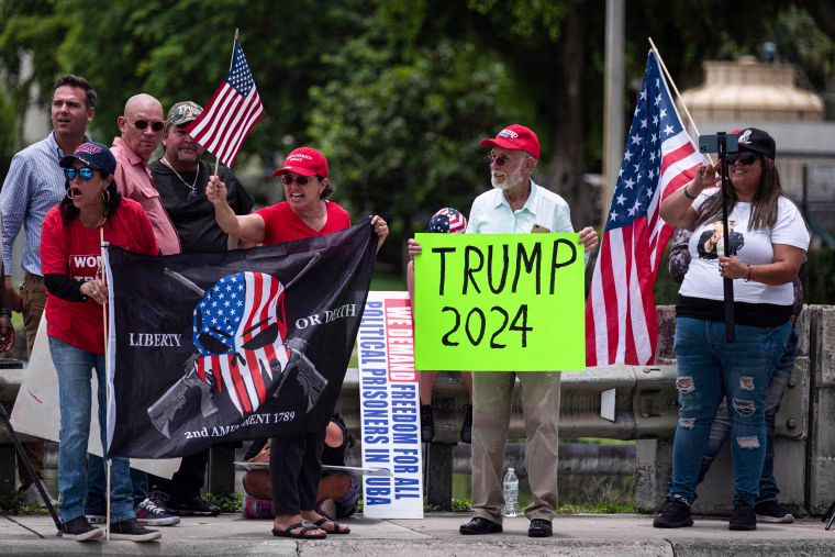 Supporters of former President Donald Trump gather outside Trump National Doral resort in Doral, Fla., on June 12, 2023.