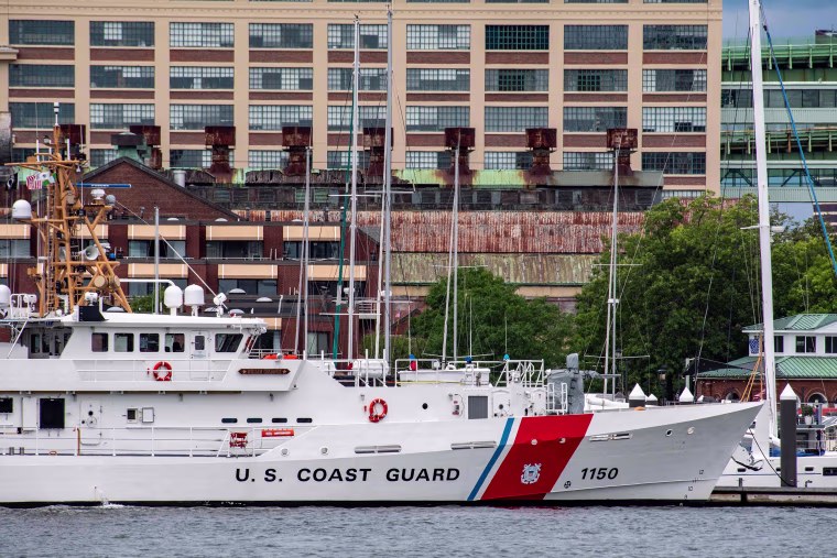 A U.S. Coast Guard vessel sits in port in Boston Harbor on June 19, 2022.