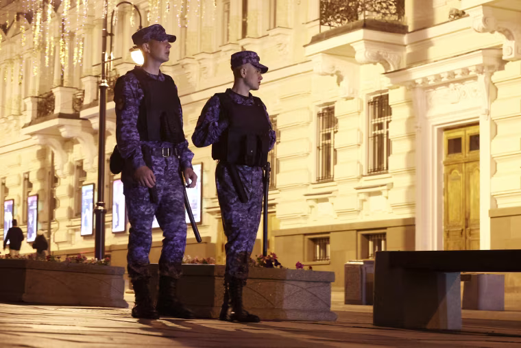 RUSSIA, MOSCOW - JUNE 24, 2023: Police officers patrol Bolshaya Dmitrovka Street in central Moscow.