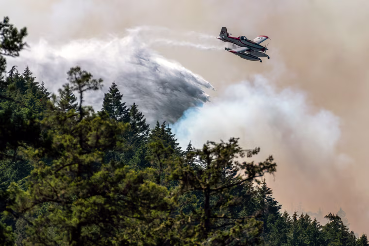 A fixed wing waterbomber drops water onto the Cameron Bluffs wildfire near Port Alberni, British Columbia, Canada