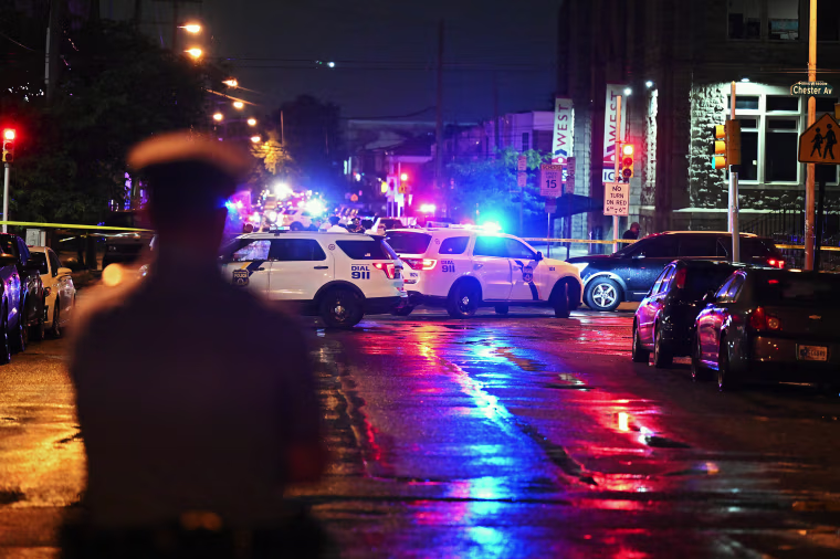 Police work the scene of a shooting on July 3, 2023 in Philadelphia, Pennsylvania. Early reports say the suspect is in custody after shooting 8 people in the Kingsessing section of Philadelphia on July 3rd.