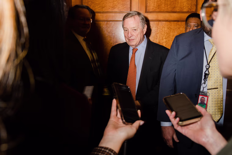 Senator Dick Durbin D-Ill., center, at the Capitol on May 4, 2023.